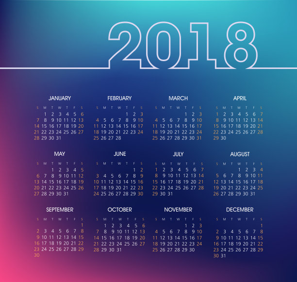 日历2018年。周日开始一周图片 日历2018年。周日开始一周图片下载