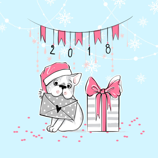 圣诞快乐插图与有趣的狗。手绘矢量法国斗牛犬小狗和礼盒。新年快乐收藏。冬天的设计。节日快乐模板。卡通动物。2018年圣诞卡片。图片 圣诞快乐插图与有趣的狗。手绘矢量法国斗牛犬小狗和礼盒。新年快乐收藏。冬天的设计。节日快乐模板。卡通动物。2018年圣诞卡片。图片下载