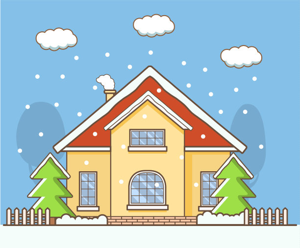 冬季景观与乡村私人住宅。松树上覆盖着积雪,烟囱冒着烟。郊区的乡村小屋。图片 冬季景观与乡村私人住宅。松树上覆盖着积雪,烟囱冒着烟。郊区的乡村小屋。图片下载