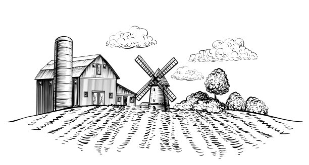 农场谷仓和风车在农业领域的背景树,农村景观手绘素描风格的水平插图图片 农场谷仓和风车在农业领域的背景树,农村景观手绘素描风格的水平插图图片下载
