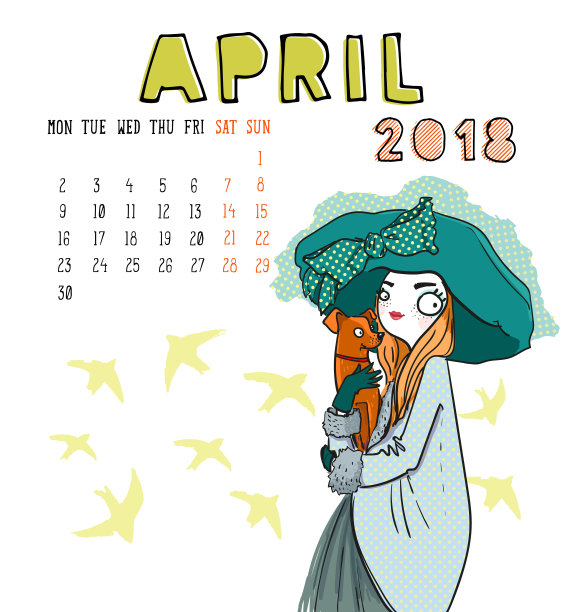 日历2018年,四月月。女孩和狗。矢量图图片 日历2018年,四月月。女孩和狗。矢量图图片下载