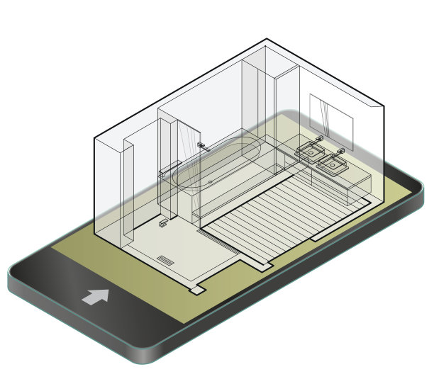 在手机里用木地板勾勒出浴室轮廓。电线等距淋浴箱。图片 在手机里用木地板勾勒出浴室轮廓。电线等距淋浴箱。图片下载