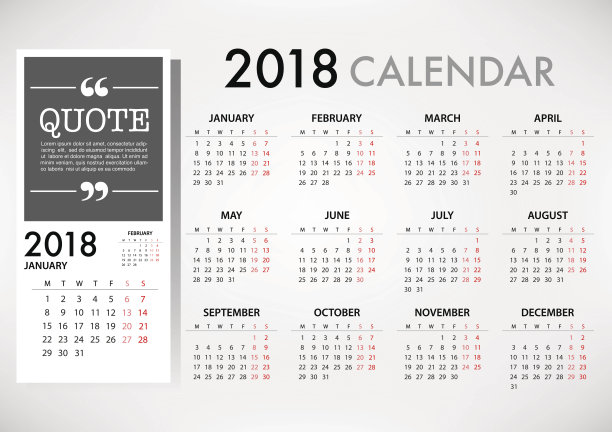 2018年的日历模板设计。星期从星期一开始。向量EPS10图片 2018年的日历模板设计。星期从星期一开始。向量EPS10图片下载