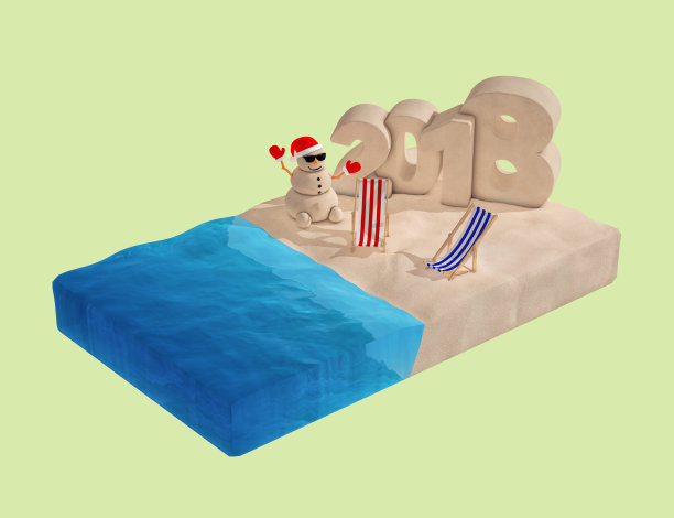 平坦的沙滩等距片与桑迪圣诞雪人,沙滩椅子和2018年新年标志。3d渲染图片 平坦的沙滩等距片与桑迪圣诞雪人,沙滩椅子和2018年新年标志。3d渲染图片下载