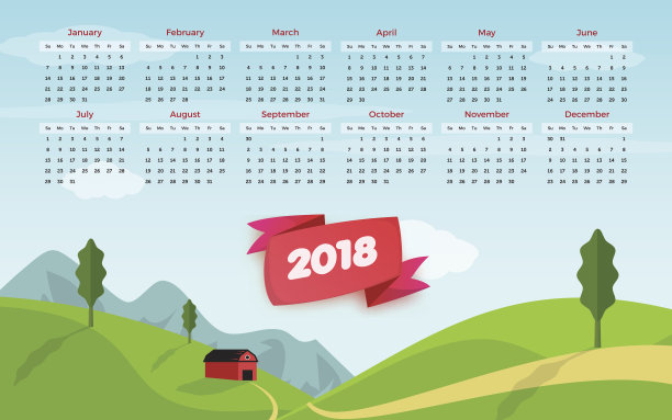 2018年日历。绿山淡雅台历模板在白色的背景图片 2018年日历。绿山淡雅台历模板在白色的背景图片下载