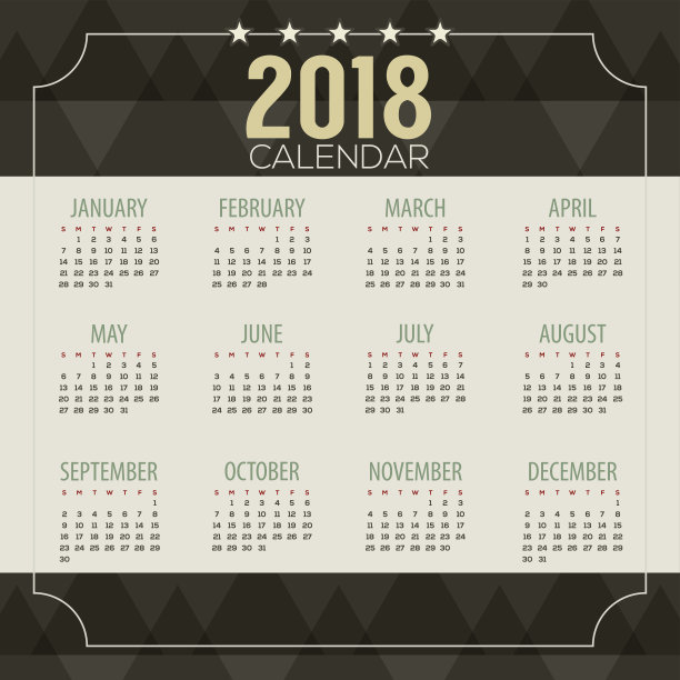 2018年黑色几何图案打印日历开始星期日矢量插图图片 2018年黑色几何图案打印日历开始星期日矢量插图图片下载