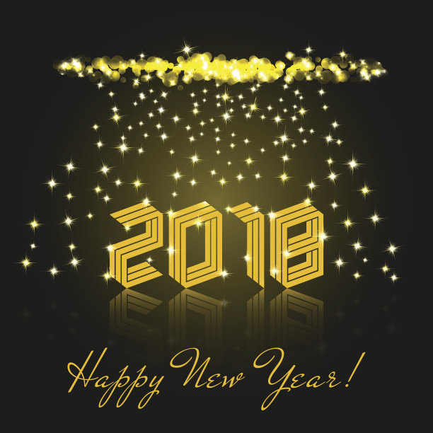 2018年新年快乐黄色等距文字。寒假贺卡模板矢量插图。闪亮的组成,陨落的星星和烟花或孟加拉灯的火花图片 2018年新年快乐黄色等距文字。寒假贺卡模板矢量插图。闪亮的组成,陨落的星星和烟花或孟加拉灯的火花图片下载