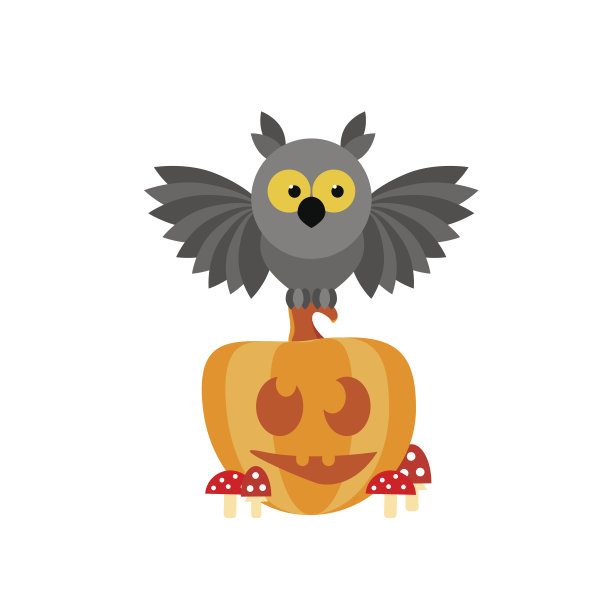 卡通猫头鹰坐在蘑菇里微笑的南瓜上。孤立的矢量图。万圣节。图片 卡通猫头鹰坐在蘑菇里微笑的南瓜上。孤立的矢量图。万圣节。图片下载