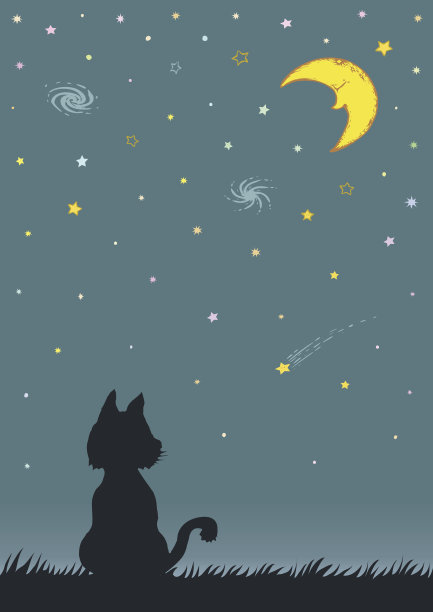 有新月和星星的夜空。户外猫的剪影。图片 有新月和星星的夜空。户外猫的剪影。图片下载