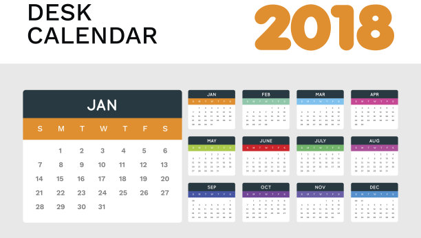 2018年台历。简单多彩的平面简约优雅的台历模板在白色的背景图片 2018年台历。简单多彩的平面简约优雅的台历模板在白色的背景图片下载