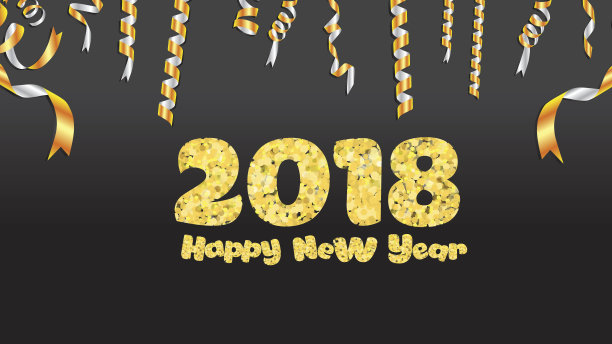 新年快乐。2018年黄金闪闪发光的。金色的文字和纸屑孤立在黑色的背景图片 新年快乐。2018年黄金闪闪发光的。金色的文字和纸屑孤立在黑色的背景图片下载