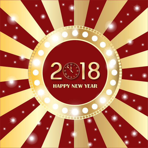 闪亮的金色圆形复古横幅与灯光在复古的红色和金色背景。2018年新年概念。矢量图图片 闪亮的金色圆形复古横幅与灯光在复古的红色和金色背景。2018年新年概念。矢量图图片下载
