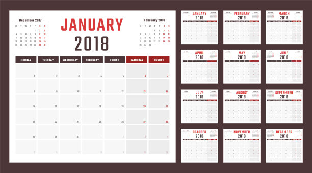 2018年日历周一开始,矢量日历设计2018年图片 2018年日历周一开始,矢量日历设计2018年图片下载