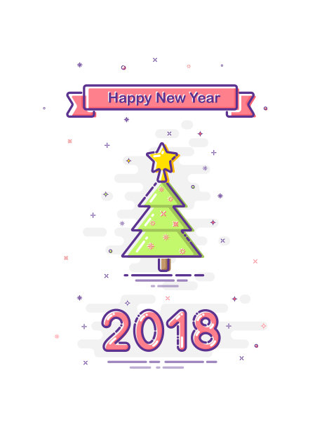 2018年新年快乐mbe风格设计。彩带上写着新年快乐的文字和圣诞树。矢量新年模板。图片 2018年新年快乐mbe风格设计。彩带上写着新年快乐的文字和圣诞树。矢量新年模板。图片下载