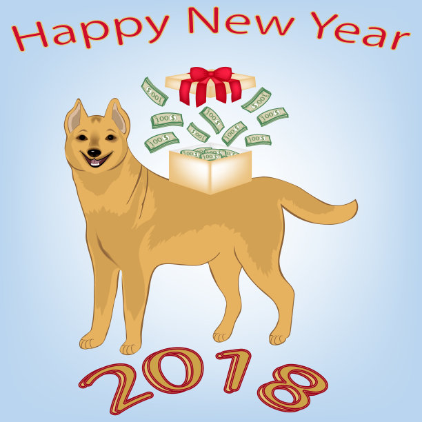 新年贺卡。圣诞节。2018年的新标志——黄狗。礼品盒里的一叠百元大钞,印在一只黄狗的背上。一份新年礼物。祝财运亨通。图片 新年贺卡。圣诞节。2018年的新标志——黄狗。礼品盒里的一叠百元大钞,印在一只黄狗的背上。一份新年礼物。祝财运亨通。图片下载