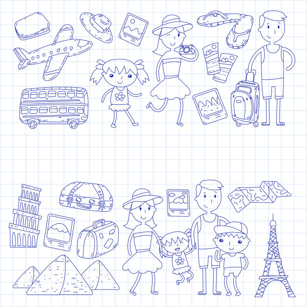 旅行,度假,冒险。带着父母的孩子在为你们的旅行做准备。幼儿园,学校,暑假孩子们画画图片 旅行,度假,冒险。带着父母的孩子在为你们的旅行做准备。幼儿园,学校,暑假孩子们画画图片下载