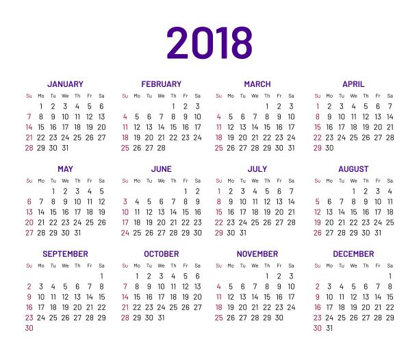 简单挂历2018年,平直、孤立图片 简单挂历2018年,平直、孤立图片下载