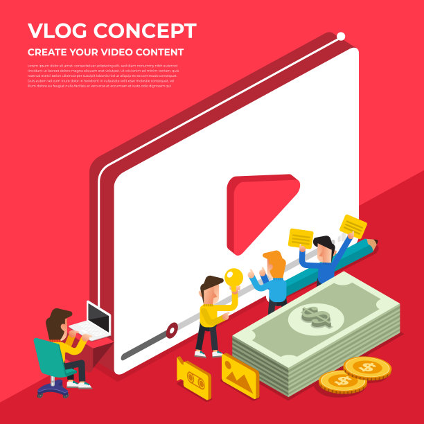 平面设计vlog概念。制作视频内容并赚钱。向量说明图片 平面设计vlog概念。制作视频内容并赚钱。向量说明图片下载