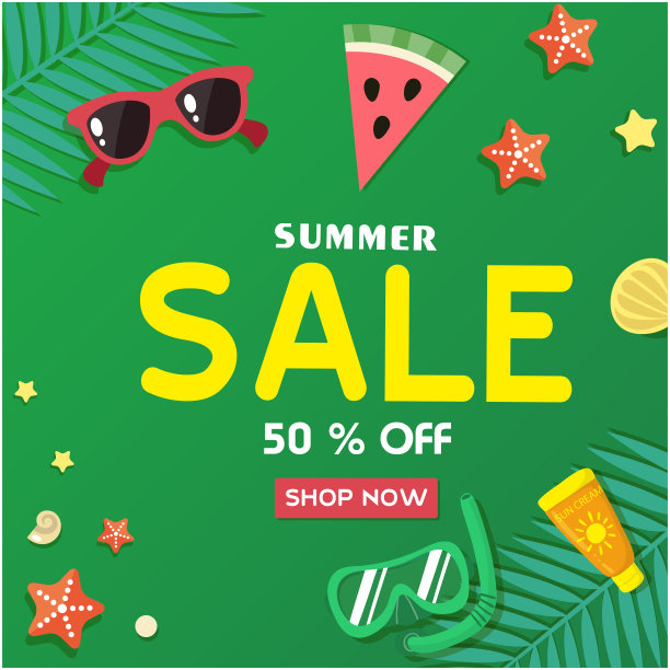 夏季销售50%折扣商店现在海星西瓜太阳镜通气管绿色背景矢量图像图片 夏季销售50%折扣商店现在海星西瓜太阳镜通气管绿色背景矢量图像图片下载