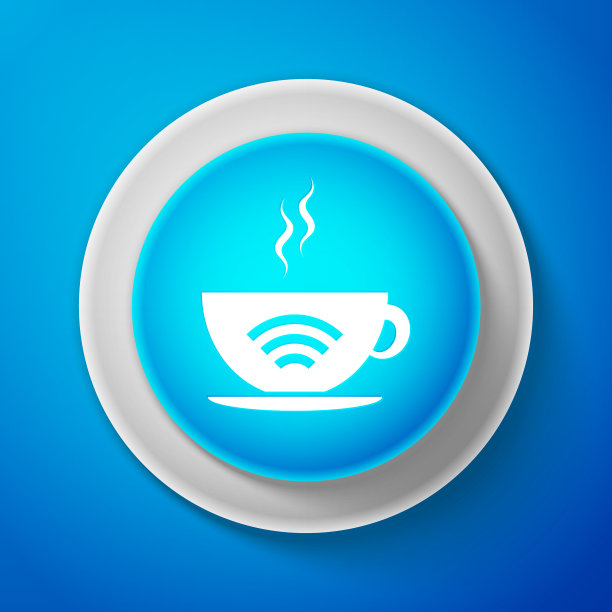 白色杯咖啡店与免费wifi区图标隔离在蓝色背景。网络连接招牌。用白线圈出蓝色按钮。矢量图图片 白色杯咖啡店与免费wifi区图标隔离在蓝色背景。网络连接招牌。用白线圈出蓝色按钮。矢量图图片下载