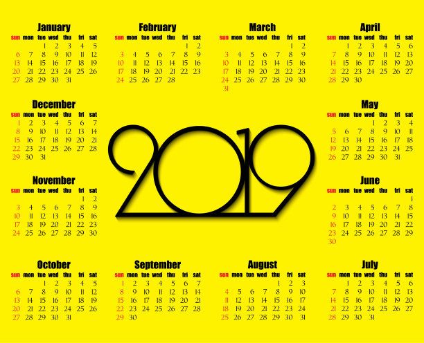 日历2019年设计,简约风格。一周从星期天开始。图片 日历2019年设计,简约风格。一周从星期天开始。图片下载