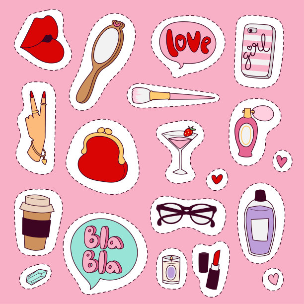 女孩时尚配件休闲女性风格购物项目和美丽的化妆品或化妆工具矢量插图图片 女孩时尚配件休闲女性风格购物项目和美丽的化妆品或化妆工具矢量插图图片下载