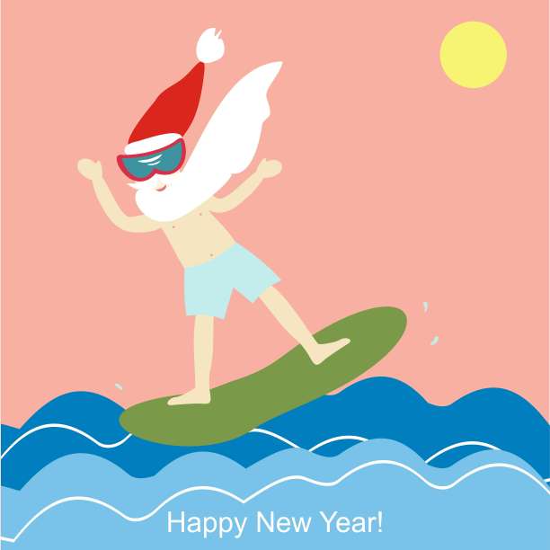 帆板上的圣诞老人。新年快乐,圣诞快乐!贺卡。矢量插图。图片 帆板上的圣诞老人。新年快乐,圣诞快乐!贺卡。矢量插图。图片下载