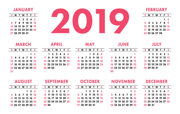 2019年日历。一周从周日开始。简单的设计模板图片 2019年日历。一周从周日开始。简单的设计模板图片下载