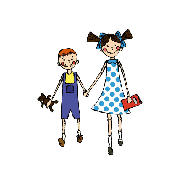 手绘插图两个快乐的孩子,小男孩和小女孩图片 手绘插图两个快乐的孩子,小男孩和小女孩图片下载