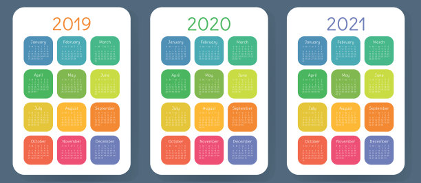 日历2019年,2020年,2021年。色彩斑斓的向量集。一周从周日开始。设计模板图片 日历2019年,2020年,2021年。色彩斑斓的向量集。一周从周日开始。设计模板图片下载