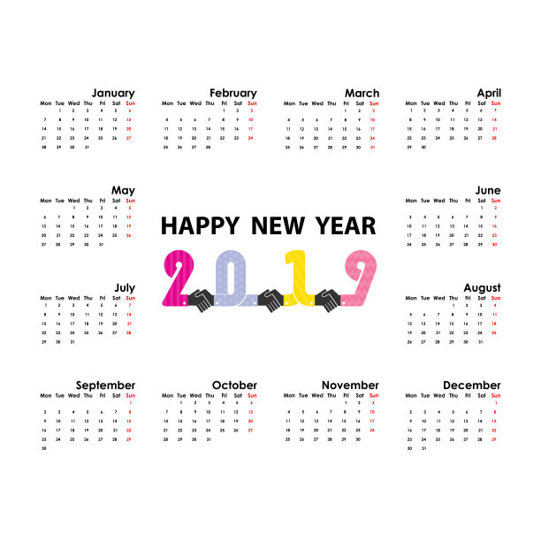 握手和2019年日历模板。周一开始。年历矢量设计文具模板。矢量插图。图片 握手和2019年日历模板。周一开始。年历矢量设计文具模板。矢量插图。图片下载