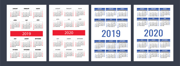 日历2019年,2020年。基本向量集。一周从周日开始。设计模板图片 日历2019年,2020年。基本向量集。一周从周日开始。设计模板图片下载