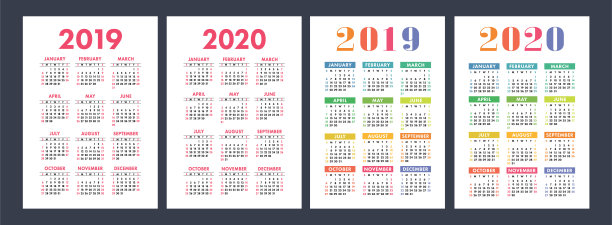 日历2019年,2020年。基本向量集。一周从周日开始。设计模板图片 日历2019年,2020年。基本向量集。一周从周日开始。设计模板图片下载