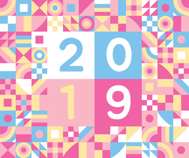 2019年猪年祝福明信片平面风格设计矢量插图与几何色彩元素和数字。图片 2019年猪年祝福明信片平面风格设计矢量插图与几何色彩元素和数字。图片下载