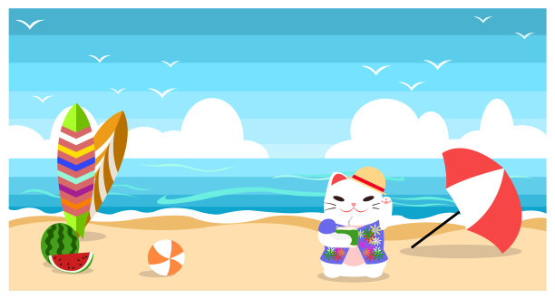 夏日海滩背景以冲浪板、西瓜、球、伞和猫喝椰子在海边,平面设计卡通风格。图片 夏日海滩背景以冲浪板、西瓜、球、伞和猫喝椰子在海边,平面设计卡通风格。图片下载