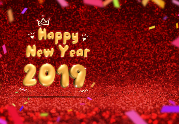 2019年新年快乐(3d渲染)在透视红色闪闪发光与五彩缤纷的五彩纸屑,节日贺卡设计。图片 2019年新年快乐(3d渲染)在透视红色闪闪发光与五彩缤纷的五彩纸屑,节日贺卡设计。图片下载