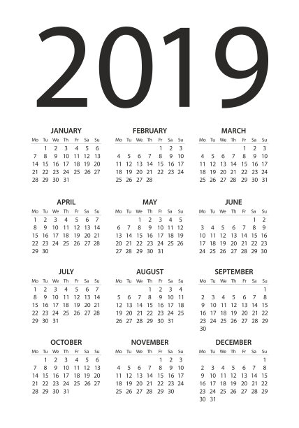 日历2019 -插图。工作日从星期一开始图片 日历2019 -插图。工作日从星期一开始图片下载