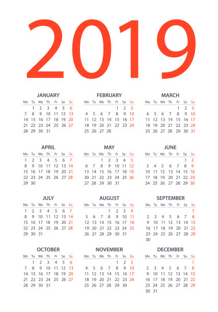 日历2019 -插图。工作日从星期一开始图片 日历2019 -插图。工作日从星期一开始图片下载