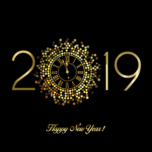 黑色背景上的金色时钟显示2019年除夕12点倒计时图片 黑色背景上的金色时钟显示2019年除夕12点倒计时图片下载