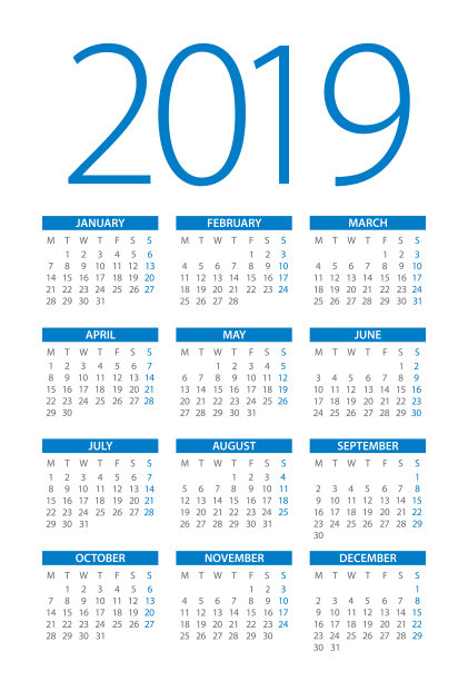 日历2019蓝色简单-插图。工作日从星期一开始图片 日历2019蓝色简单-插图。工作日从星期一开始图片下载