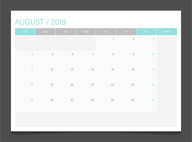 2019日历规划师8月周开始周日企业设计模板矢量。图片 2019日历规划师8月周开始周日企业设计模板矢量。图片下载