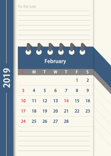 2019年2月日历。月度日历设计模板在复古的颜色图片 2019年2月日历。月度日历设计模板在复古的颜色图片下载