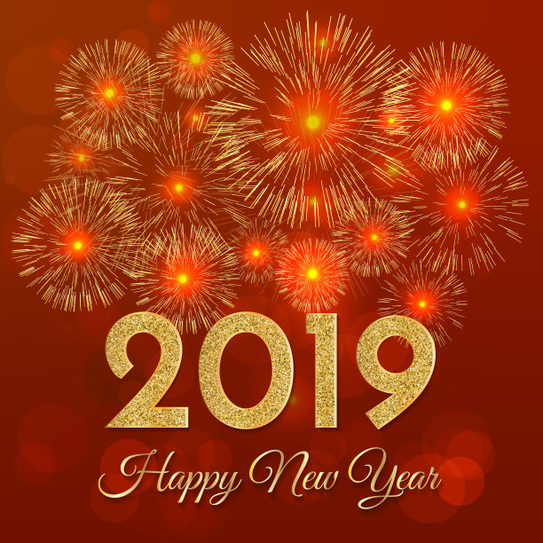 2019新年快乐。红色背景上的金色烟花。2019年新年贺卡。背景与金色数字和烟花。图片 2019新年快乐。红色背景上的金色烟花。2019年新年贺卡。背景与金色数字和烟花。图片下载
