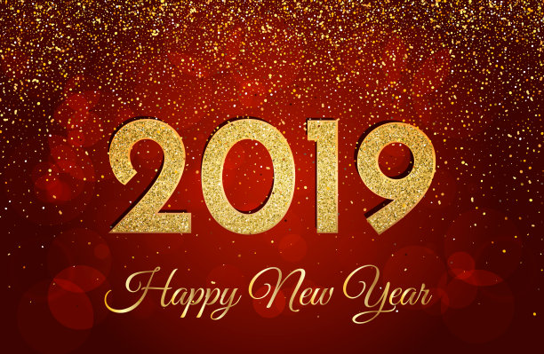 2019新年快乐。2019年新年贺卡。暗红色背景上的金色数字和闪光。图片 2019新年快乐。2019年新年贺卡。暗红色背景上的金色数字和闪光。图片下载