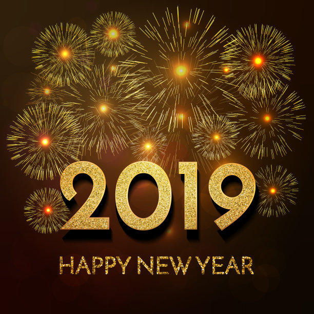 2019新年快乐。黑色背景上的金色烟花。2019年新年贺卡。背景与金色数字和烟花。图片 2019新年快乐。黑色背景上的金色烟花。2019年新年贺卡。背景与金色数字和烟花。图片下载