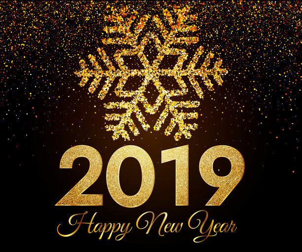2019新年快乐。金色的纸屑和雪花在黑色的背景上。2019年新年贺卡。背景与金色数字,雪花和五彩纸屑。图片 2019新年快乐。金色的纸屑和雪花在黑色的背景上。2019年新年贺卡。背景与金色数字,雪花和五彩纸屑。图片下载