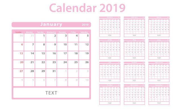 2019月历在粉红色和白色的颜色图片 2019月历在粉红色和白色的颜色图片下载