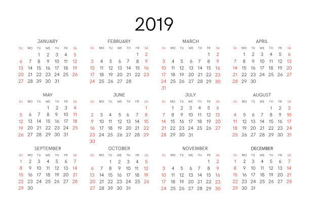 2019年日历。孤立在白色背景上。图片 2019年日历。孤立在白色背景上。图片下载