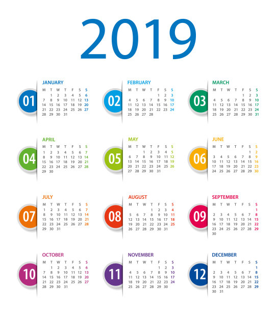2019年日历模板。标记书签。工作日从星期一开始图片 2019年日历模板。标记书签。工作日从星期一开始图片下载
