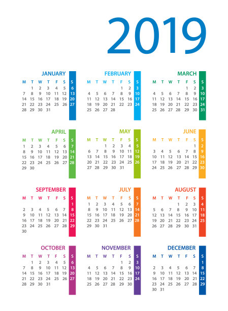 2019年日历模板。工作日从星期一开始图片 2019年日历模板。工作日从星期一开始图片下载